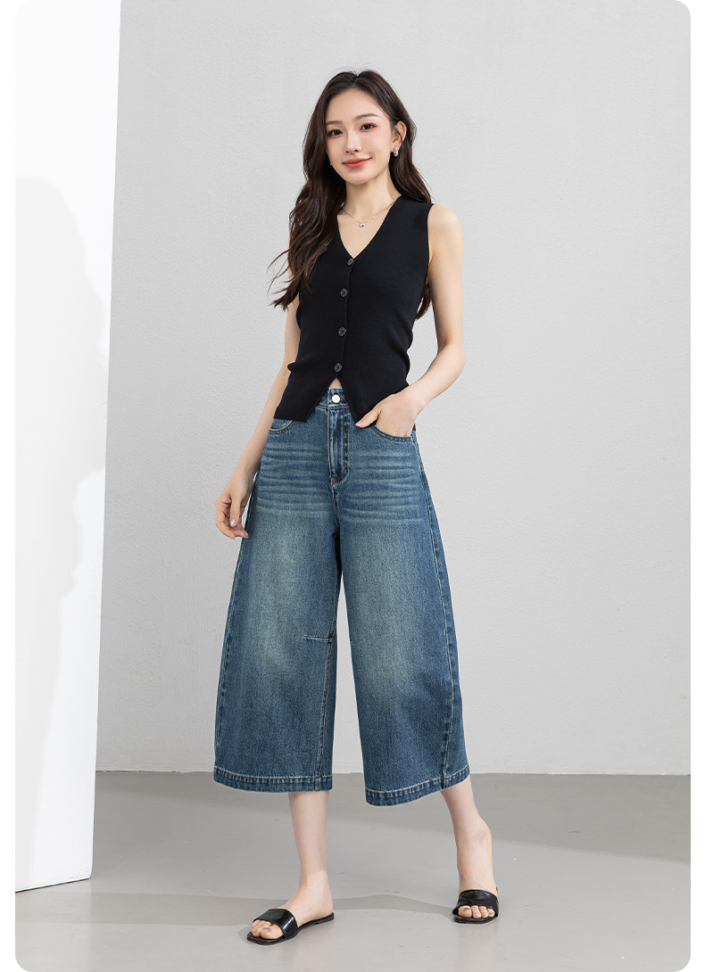 Quần jean nữ ống rộng cạp cao phong cách Mỹ retro, dáng suông rộng che khuyết điểm, dài 7–8 phân — màu xanh nhạt chi tiết 26