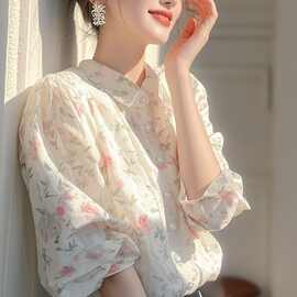 白枕鹤法式超好看漂亮白色碎花领衬衫女年春夏新款漂图片上香云纱