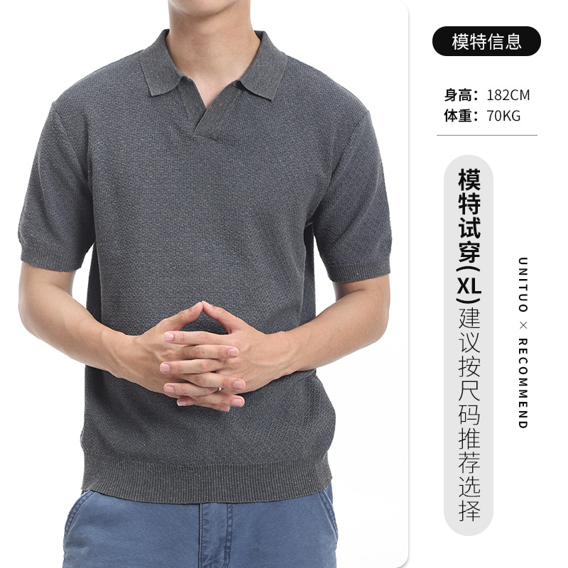 Hombres viejos ganchos de hielo de seda de punto polo camiseta de manga corta hombre de alto nivel de negocios gaviota cuello camiseta de luces para hombres