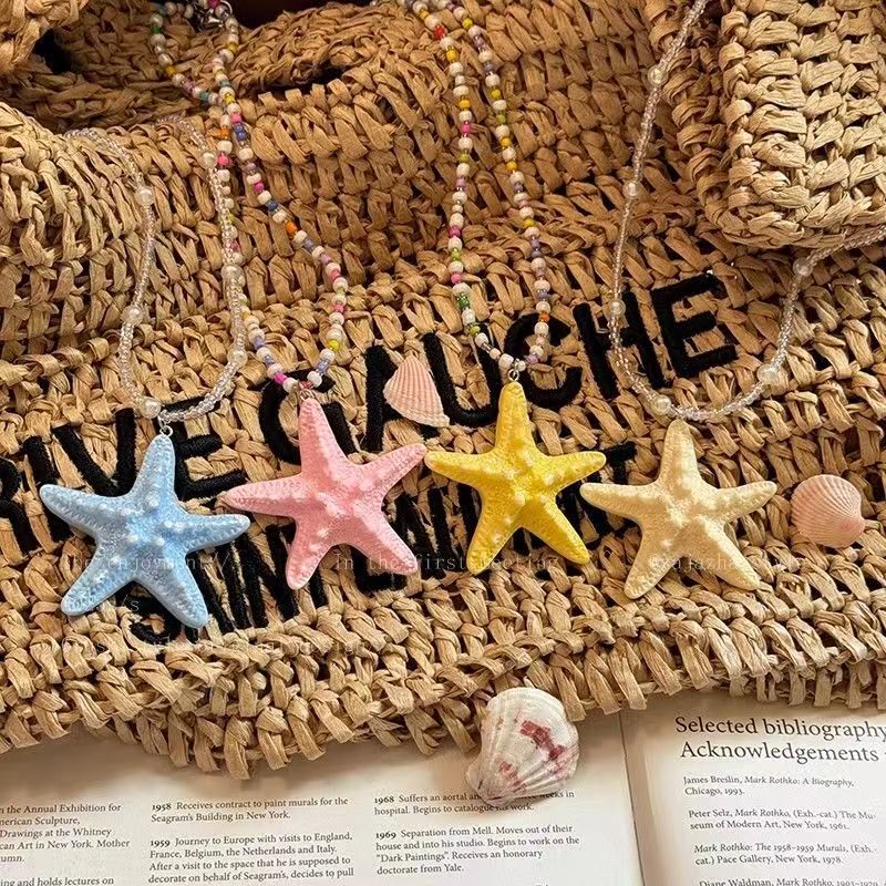 Dopamine Long Beaded Starfish Necklace for Women Summer Seaside Island Vacation Style Exaggerated Yellow Clavicle Chain Accessories