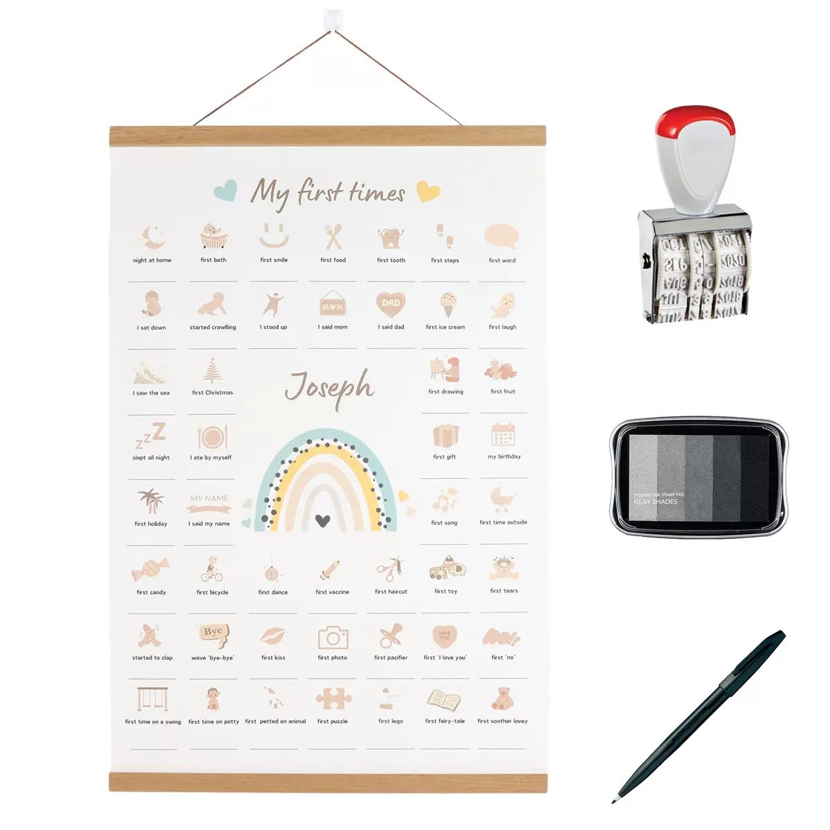 法文字母图案挂轴画儿童房床头磁吸实木卷轴挂画装饰画定制