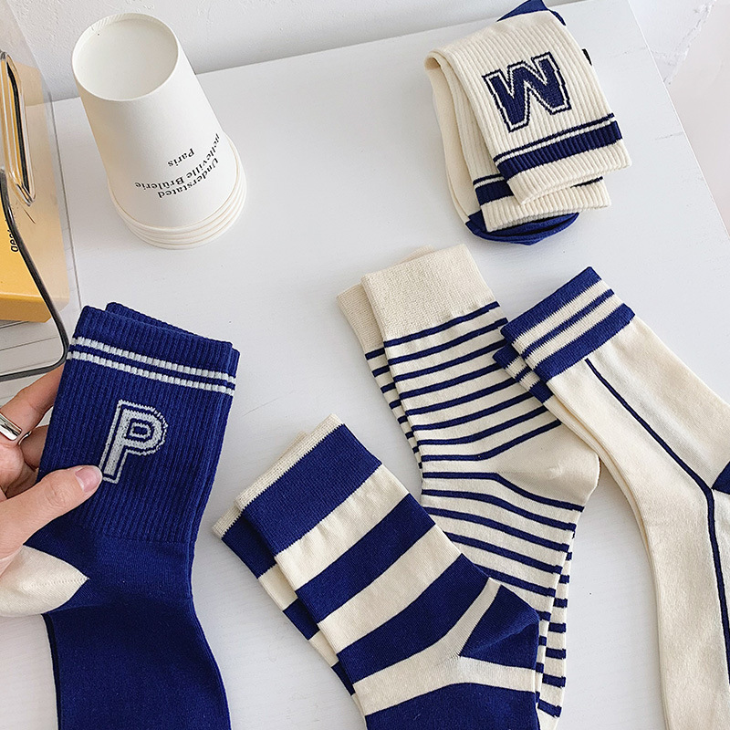 Navy Blue Socks Women's Medium Barrel Striped Women's Fashionable Socks ins Letters Casual Cotton Socks Japanese Style Men's and Women's Couple Socks