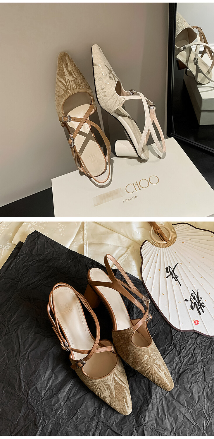 Sandal cao gót mũi nhọn phong cách Trung Hoa mới, chất sa tanh, quai chéo rỗng, gót thô 9 cm — Màu trắng be, Màu Kaki chi tiết 4