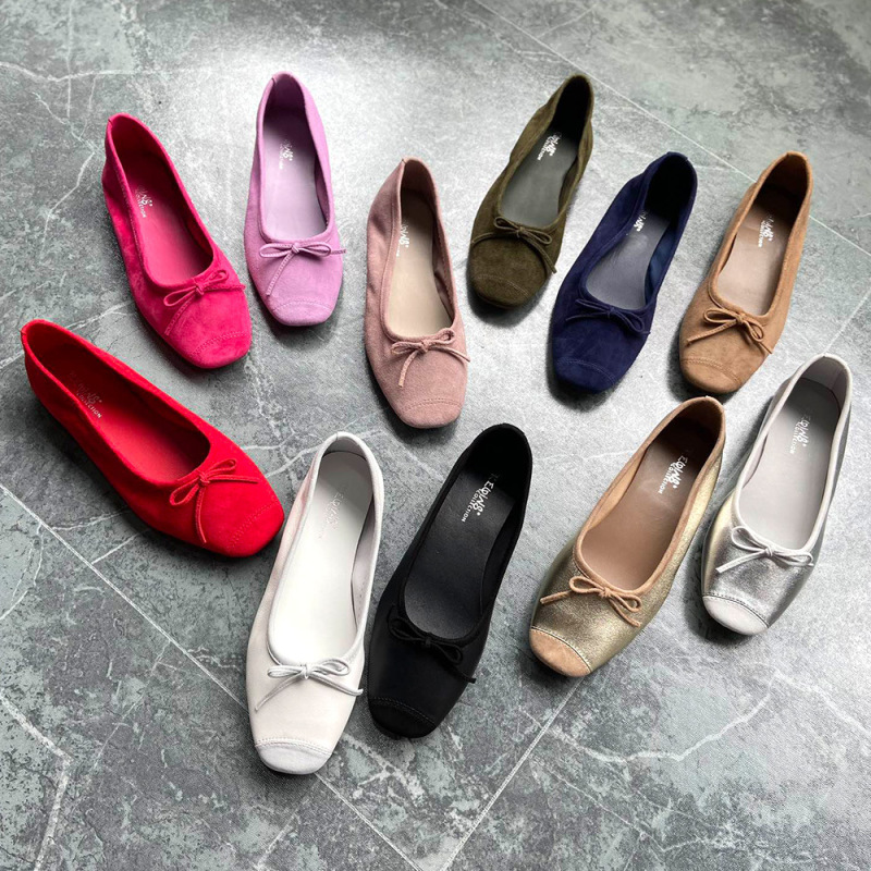 French Niche Reqins Ballet Shoes Genuine Leather French Retro Flats Square Toe Bow Dancing Shoes Flats for Women