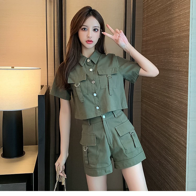 Комплект из двух предметов в западном стиле, оптовая продажа, элегантные европейские женские костюмы, лето 2021, хлопковая спецодежда, стильные рубашки, широкие шорты