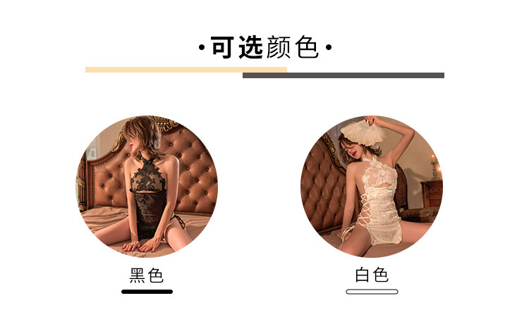Sexy Cheongsam-Style Lingerie Set, Backless Slit Tie-Up Design, White Lace One-Piece with Thong — detail image 4