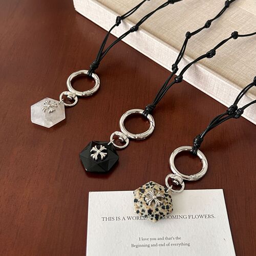 Personal Style Trend Polygon Cross Pendant Necklace for Women, Light Luxury, Unconventional Design, High-Grade Natural Stone, Long Length Sweater Chain