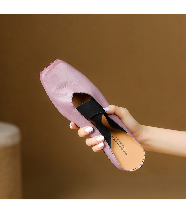 Giày búp bê mũi vuông retro da ngựa, quai sau hở, dép sandal mới hè — đen chi tiết 15