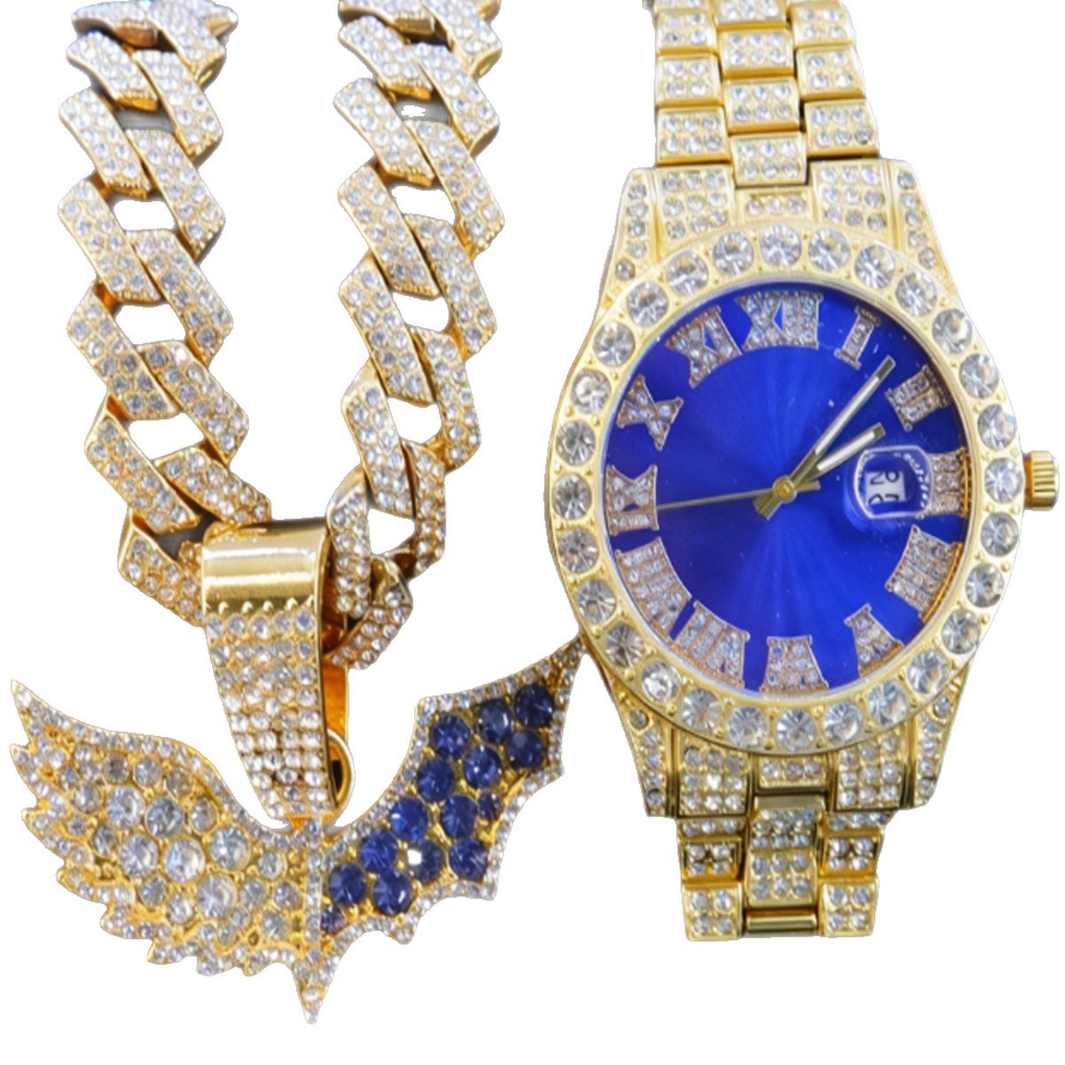 HipHop completo murciélago de diamantes de dos colores colgante de diamantes cubano cadena azul número romano reloj pulsera para hombres y mujeres