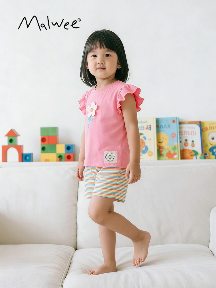 Malwee transfronterizo de niñas dos piezas de verano nuevo estilo europeo y americano para niños pequeños y medianos adorables niñas con un cuello redondo casual