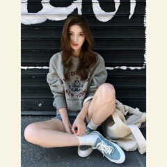早秋小个子韩系百搭内搭上衣oversize美式高街休闲风灰色印花卫衣
