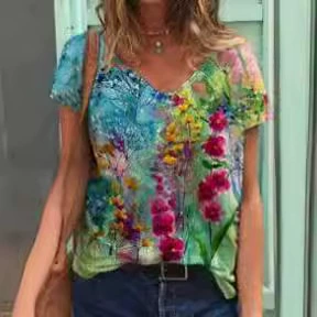 2023 Внешняя торговля Новая футболка с короткими рукавами Женская летняя новая универсальная Футболка с рукавами до локтя Футболка с цветочным принтом в наличии