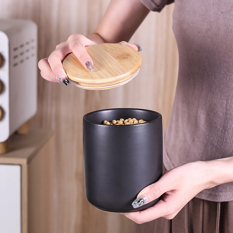 Cerámica nórdica simple cubierta de madera sellada lata de almacenamiento de alimentos de granos de cocina de té, dulces de café, tanque de almacenamiento de té