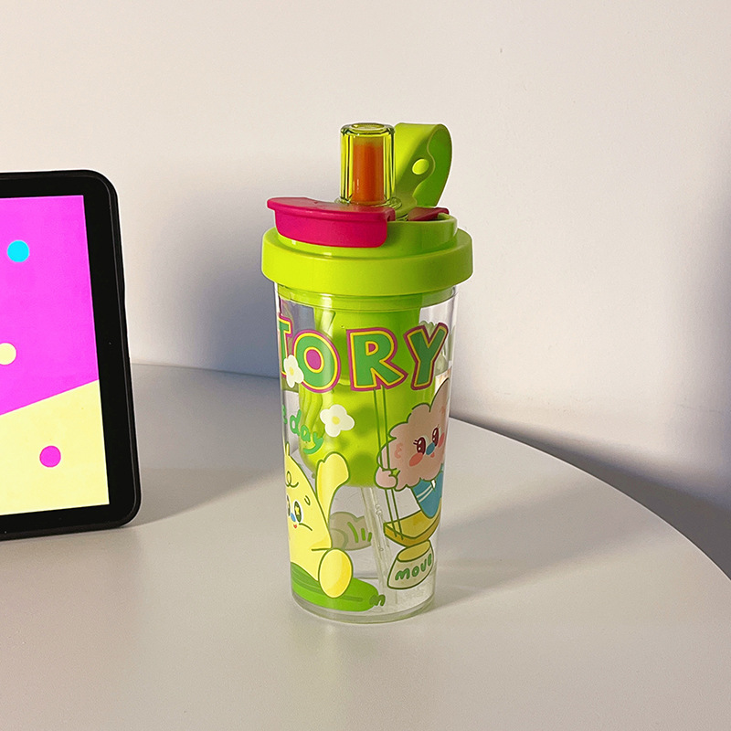 女性用のかわいい漫画の見栄えの良いウォーターカップ、ポータブル直飲みプラスチックカップ、子供用の毎日のストローカップ、大容量|undefined