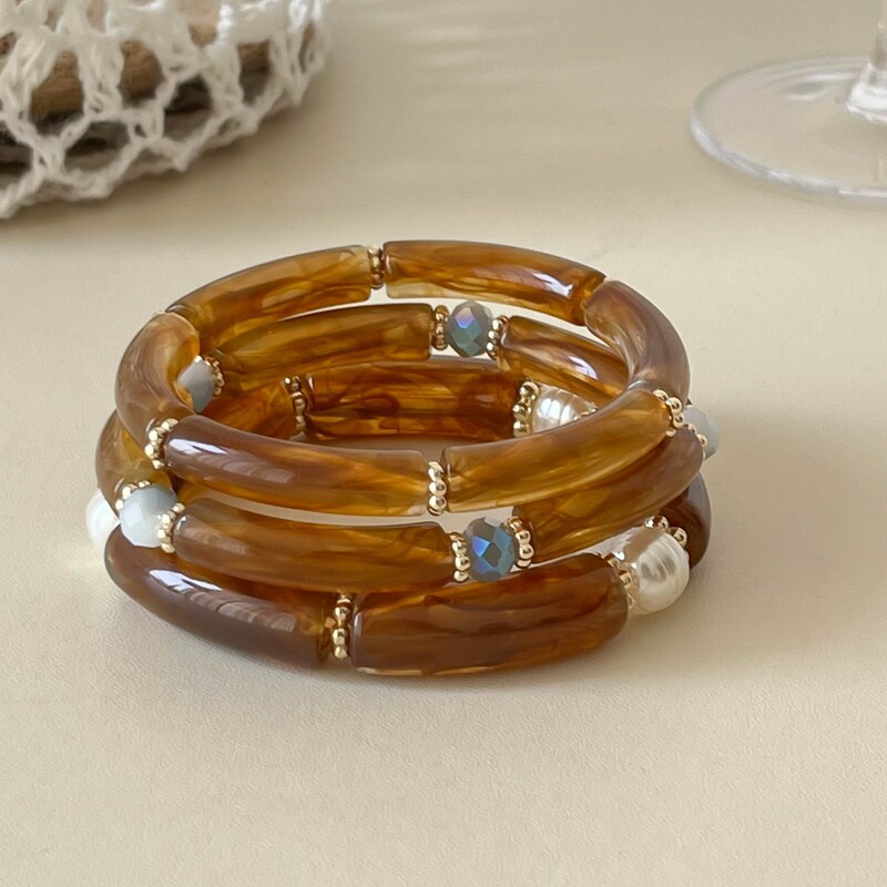 Niche High-End Style Round Beaded Elastic Bracelet Three-Piece Set Bamboo Resin Bracelet Retro Pearl Splicing Jewelry