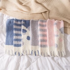 秋冬新款卡通藍色貓爪地板襪日系清新珊瑚絨中筒女襪子冬季睡眠襪