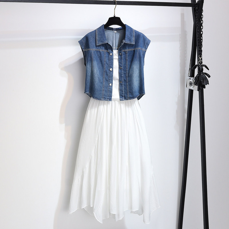 Denim Sleeveless Vest with Suspenders and Irregular White Skirt Women's Suit 2026 Summer New Dress Denim Sleeveless Vest with Suspenders and Irregular White Skirt Women's Suit 2026 Summer New Dress