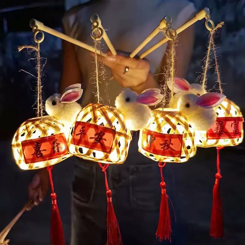 发光竹编兔子灯笼中秋节儿童手提发光玩具手工小礼品景区热卖花灯