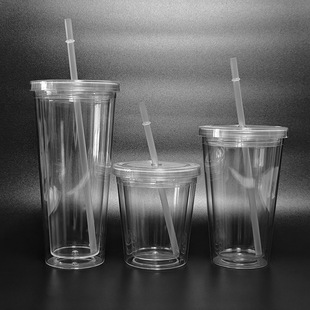 Manufacturer's New 16oz Cross-Border Creative Fully Transparent Drinking Cup Internet Celebrity Portable Flat Lid Double-Layer Straw Cup Portable