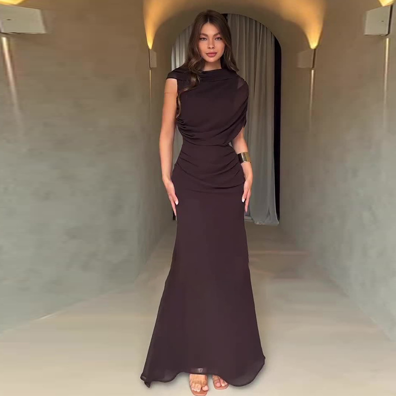 2025 Summer New European and American Amazon Cross-Border Export Women's Elegant Sleeveless Slim Brown Pleated Dress 2025 Summer New European and American Amazon Cross-Border Export Women's Elegant Sleeveless Slim Brown Pleated Dress