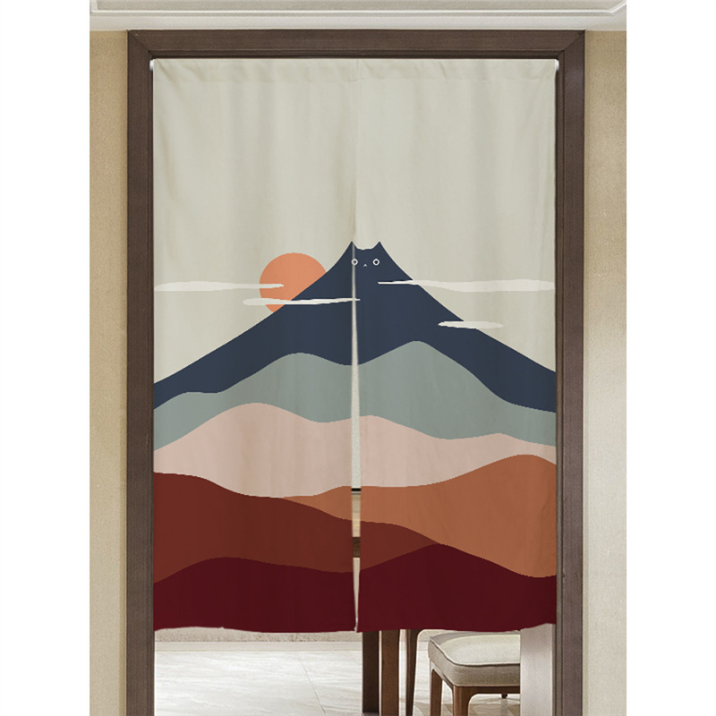 Abstract Cat Japanese-Style Perforated Cat Partition-Free Door Curtain Simple Cover-Up Hanging Curtain Half Curtain for Home Use