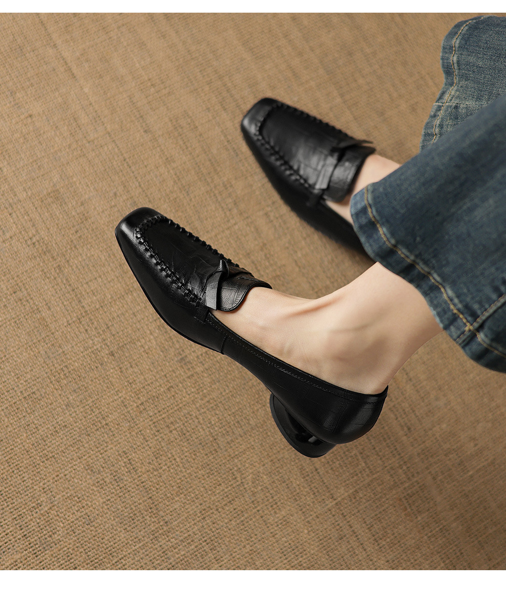 Giày lười nữ da cừu gót thấp 3 cm, mũi tròn dệt vintage, cổ sâu — đen chi tiết 7