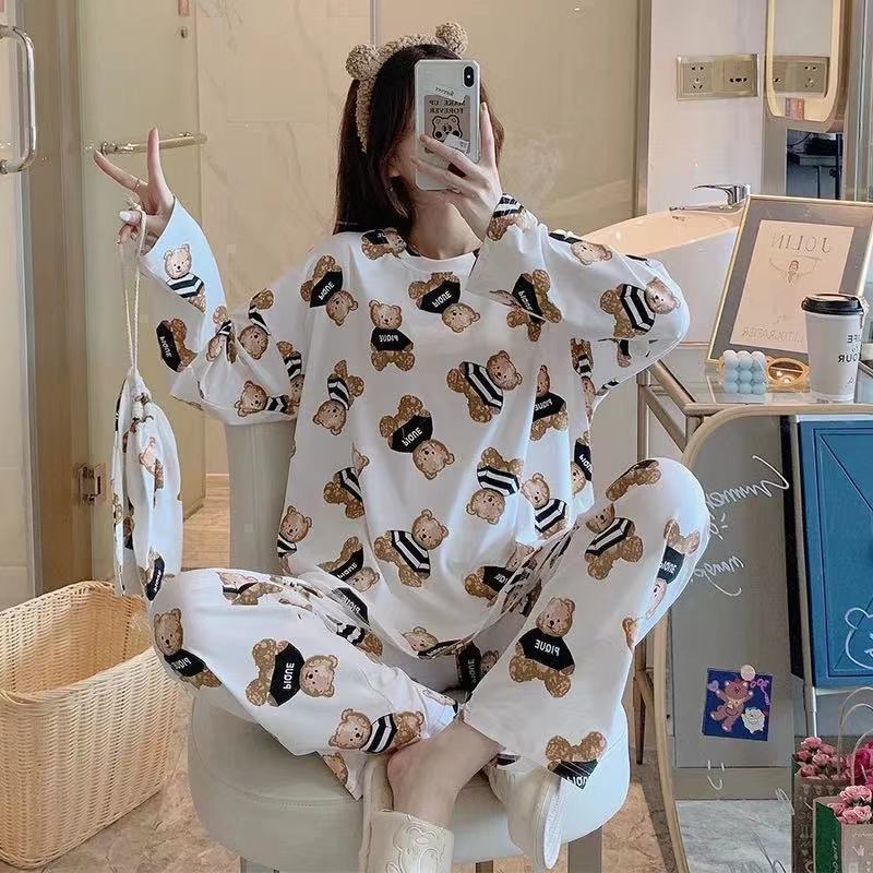Pijamas de manga larga para mujer, primavera y verano, con diseño de gato de dibujos animados, novedad 2025, conjunto de ropa de estar en casa para otoño e invierno, estilo influencer de internet.