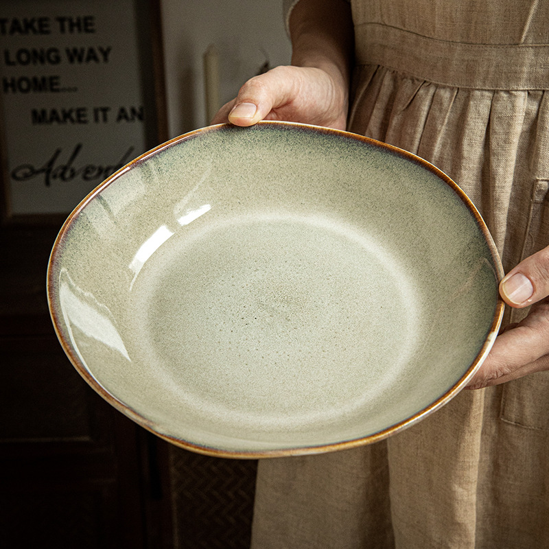 Yunhuang hace la antigua personalidad de platos de hoja de loto 9 pulgadas de cerámica profunda platos de platos de platos característicos retro platos caseros ensalada