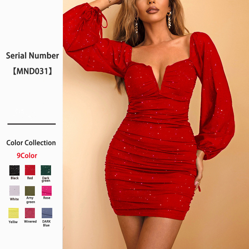 European and American Lantern Long-Sleeved Deep V Dress 2025 New Export Women's Sexy Tight Black Hip-Hugging Short Skirt