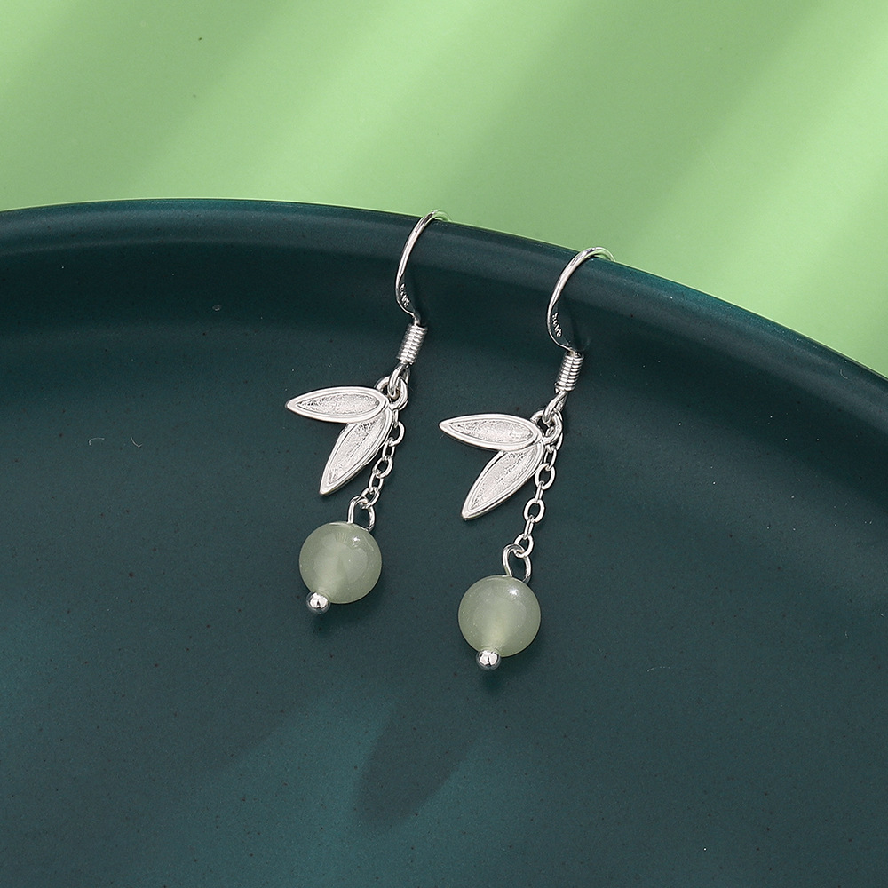 Hetian Bamboo Jade Bead Earrings Ancient Style Tassel Ear Hooks_voghion.com