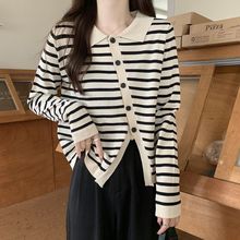 公羽翁撞色条纹长袖针织衫女秋季胖妹妹减龄显瘦斜开襟开衫不规则