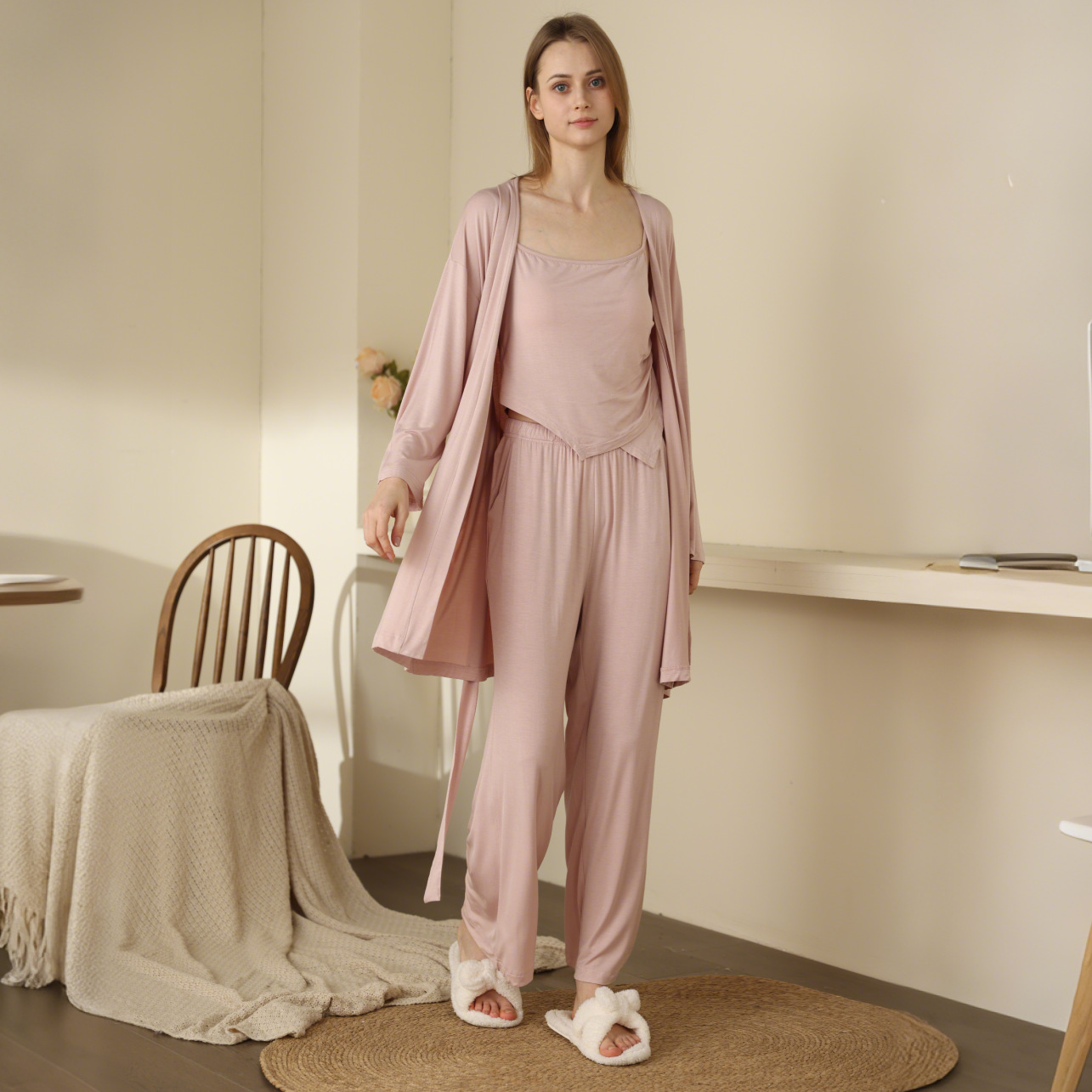 Spring and Summer New Women's Modal Three-Piece Pajamas with Breast Pads, No Need to Wear Intimates, Long-Sleeved Elastic and Comfortable Home Clothes