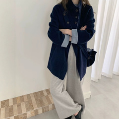 帽子包包两用双色立领落肩袖单排扣中长款双面羊毛大衣女毛呢外套