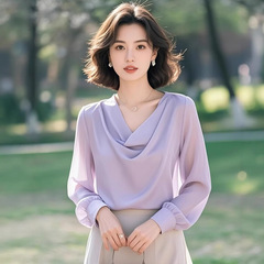 2025早秋新款感缎面紫色荡领长袖衬衫女法式薄款秋季仙气衬衣
