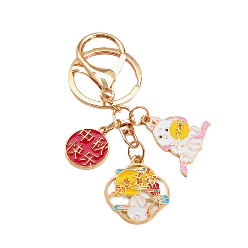 中秋節の花と満月キーホルダーペンダント合金クリエイティブムーンかわいい翡翠ウサギスクールバッグペンダント小さなギフト|undefined