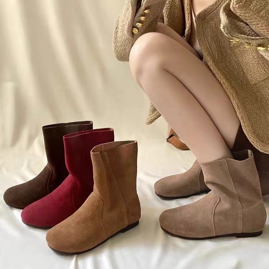 Chaussures ShoeVault en cuir suédé véritable pour femme, modèle Martin, collection automne-hiver 2024, style rétro, bout rond, souple, confortable et polyvalent._voghion.com