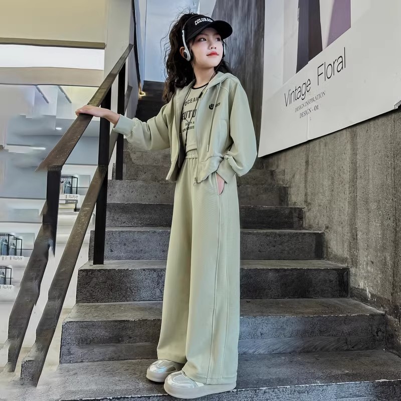 Mädchen Herbstmode Set Kapuzenjacke Weste Und Weite Hose_voghion.com