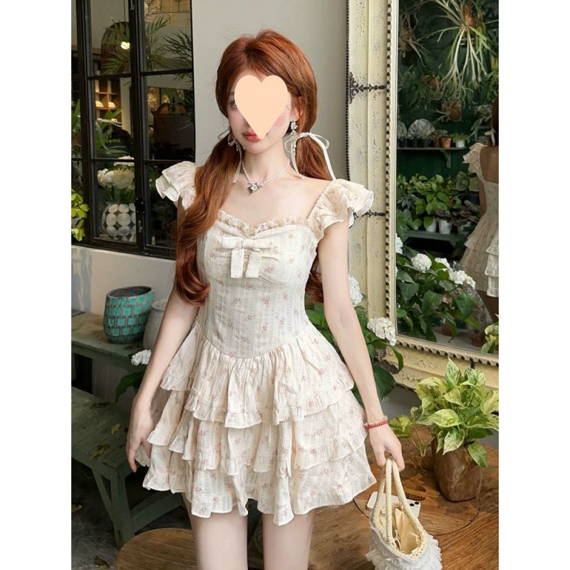 Пышная юбка принцессы с пышными рукавами для перерыва на чай, супер сказочный бант на талии, лесное платье с цветочным принтом, женское новое летнее платье