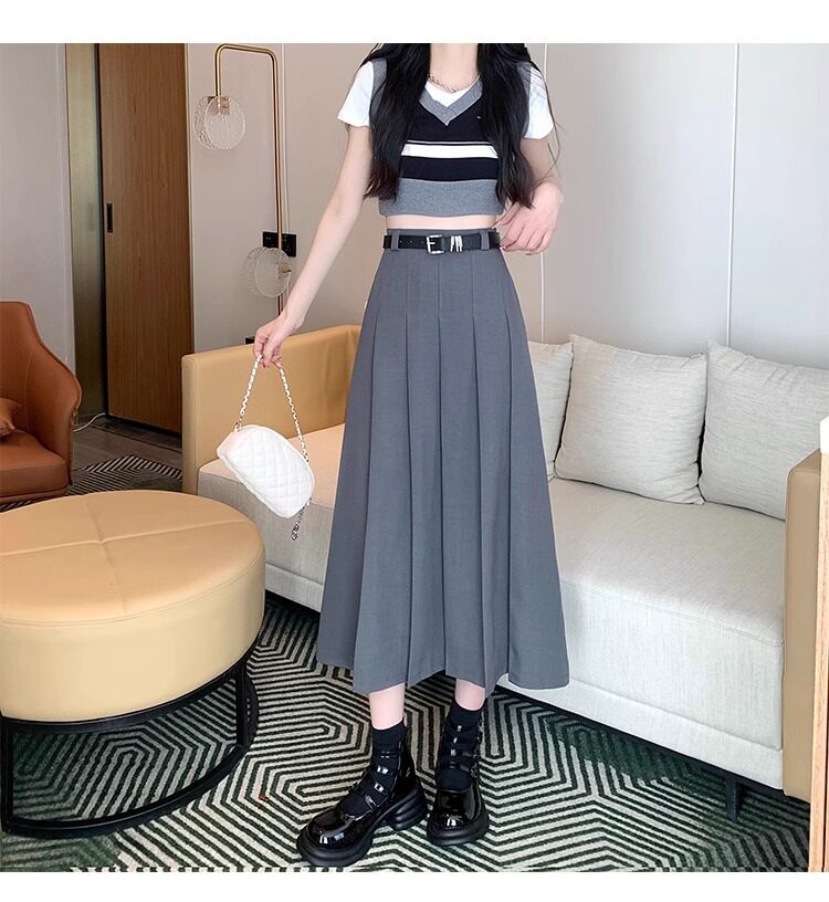 Chân váy vest nữ cạp cao dáng chữ A xếp ly dài vừa — Màu xám, Màu đen chi tiết 13
