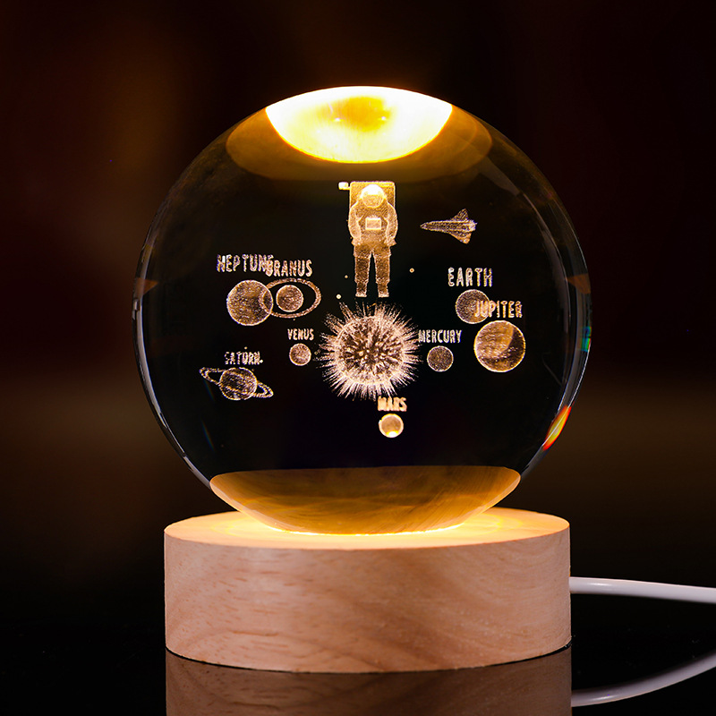 Bola de cristal luminosa lámpara de noche 3D esculpida estrella base de madera sólida regalo de cumpleaños decoración de escritorio creativa