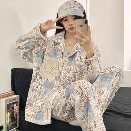 秋冬季法兰绒新款月子服+头巾待产孕妇产后哺乳睡衣套装