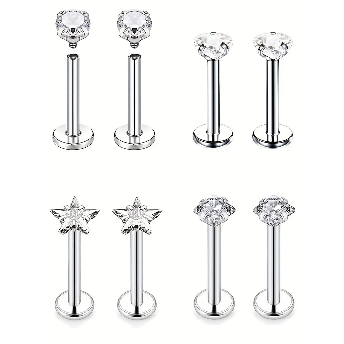 Stainless Steel Heart Five-Pointed Star Square Flat Lip Nail European and American Style Light Luxury Zircon Lip Ring Inner Tooth Piercing Jewelry