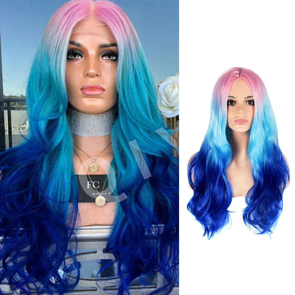 Synthetic wig Women's long with three color gradient synthetic fiber wig and a new large wave fluffy curly hair_voghion.com