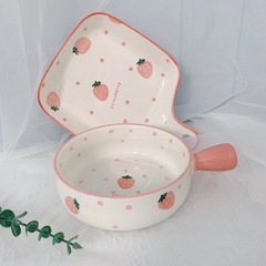 電子レンジ対応皿とボウル 北欧風皿ハンドル ベリー手描きハンドル 陶器食器 グリルパン 蒸し卵ボウルなし