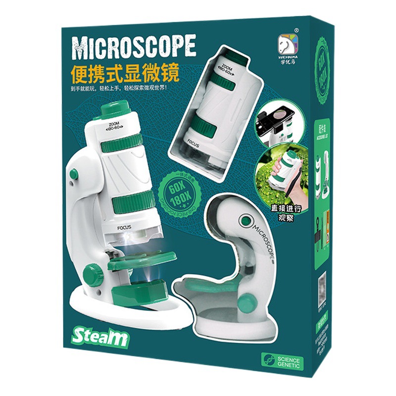 Xuema microscopio portátil actualizado 3-en-1 traje de doble fuente de luz experimento microscópico diapositiva espécimen de juguete