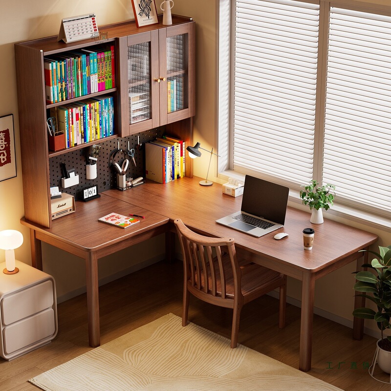 Corner Solid Wood Desk Bookcase Bookshelf Integrated Small Apartment Corner Student Study Table Home Computer Desk and Chair