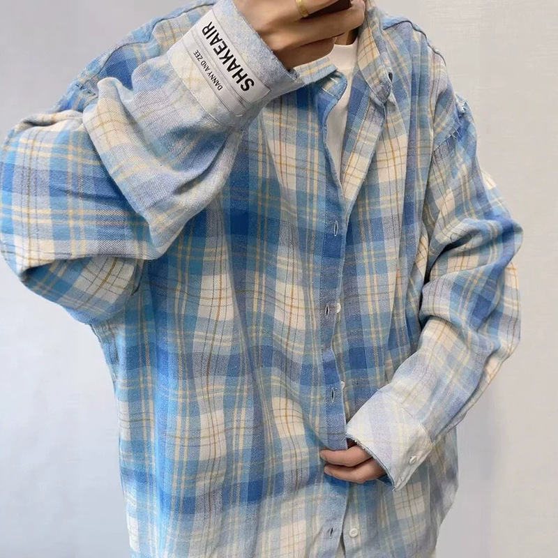 New Vintage Distressed Plaid Frayed Flannel Shirt Loose Long-Sleeved Casual Shirt Jacket Cross-Border Supply New Vintage Distressed Plaid Frayed Flannel Shirt Loose Long-Sleeved Casual Shirt Jacket Cross-Border Supply