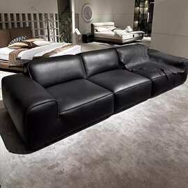 意式极简大黑牛沙发复古风豆腐块全真皮直排三位头层牛皮客厅家具