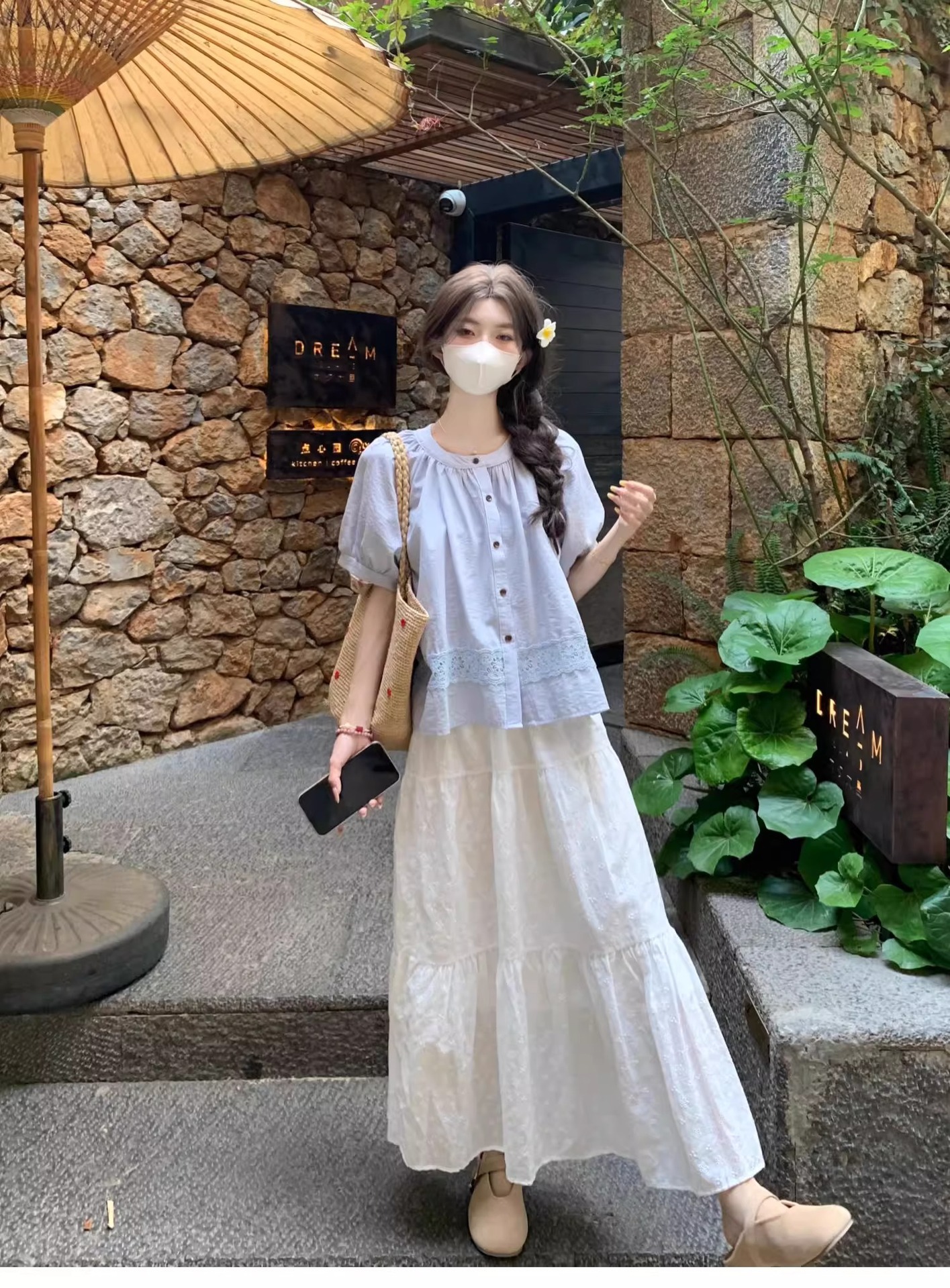 Áo sơ mi babydoll tay phồng vải lanh phong cách Pháp dành cho nữ — Màu xanh lam chi tiết 3