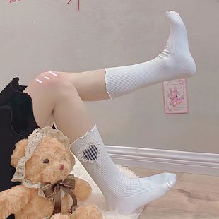 Japanese students cute white jk calf socks cotton socks summer women's Korean style Plaid love tube socks Instagram fashion
